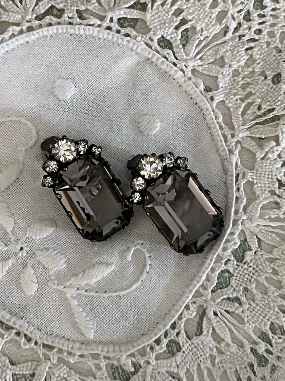 Vintage Austrian Smoky Crystal & Clear Rhinestone Clip-On Earrings